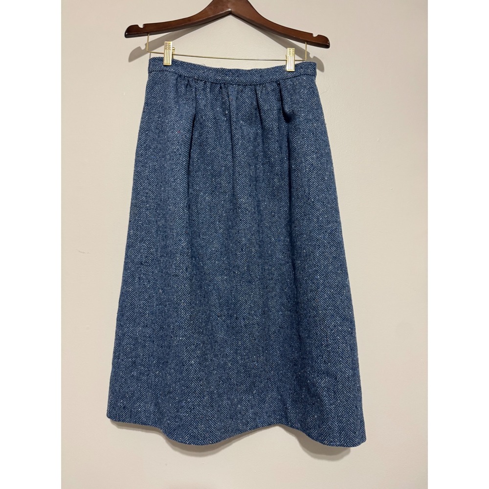 Vintage KG Blue Herringbone Tweed Wool Silk Blend Midi Skirt Size 14 Made in USA